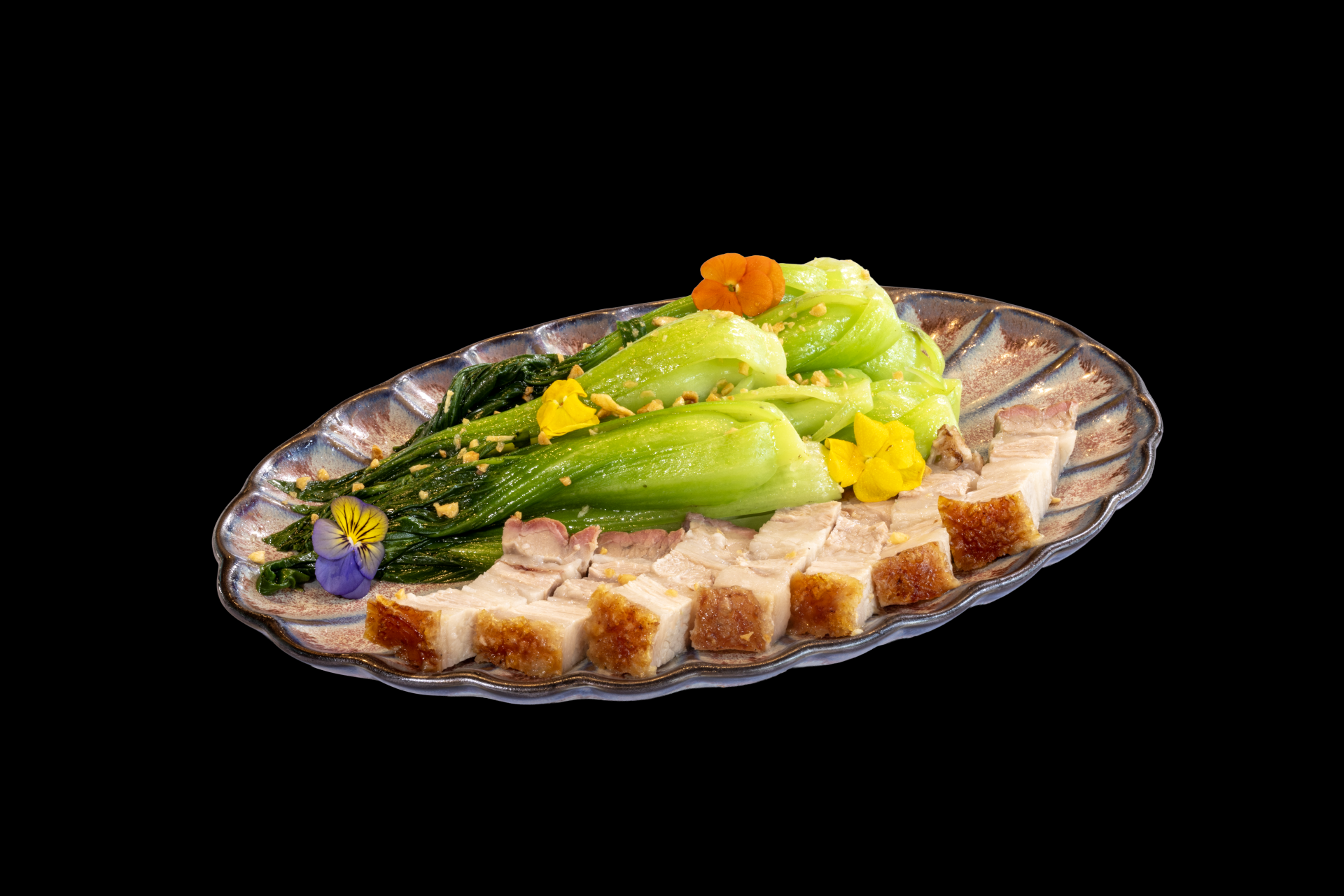 Rau cải xào thịt heo quay